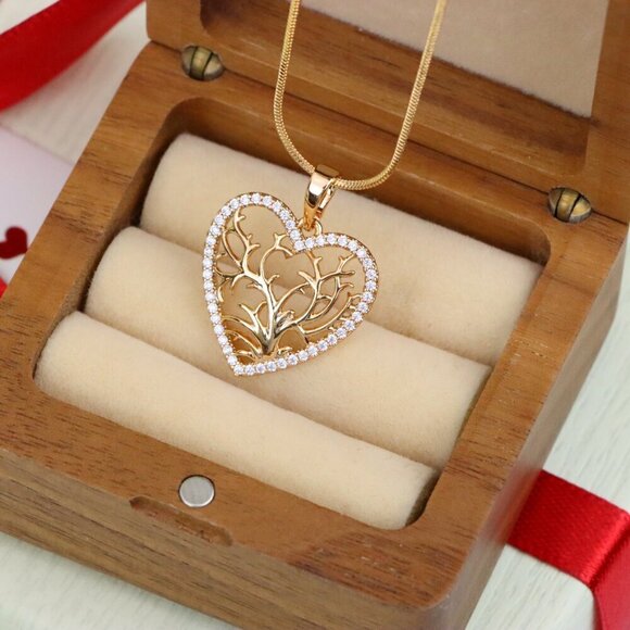 "Rose Gold Heart Pendant with Tree of Life Design and Crystal Border, XPPT1480 - Picture 5 of 12